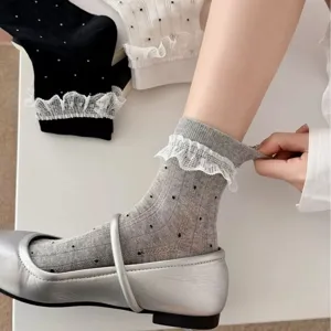 Women polka dot lace ruffle mid-calf socks sweet ballet style breathable thin summer socks