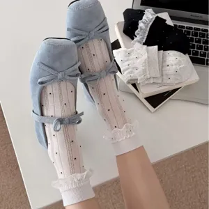 Women cute polka dot lace ruffle socks and ballet flat shoes sweet style spring summer