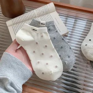 Women breathable cotton short socks with cute polka dots and nice fabric label design detail