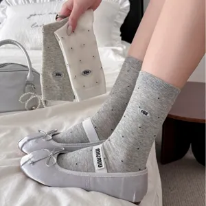 Korean style cute polka dot mid-calf socks with egg embroidery, comfortable daily wear cotton socks.