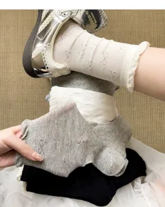 Women cute bow mid-tube socks summer thin breathable cotton ballet core ruffled hosiery