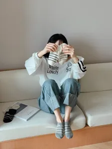 Women cute short socks spring summer casual black and white striped cotton boat socks