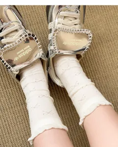 White bow women socks, summer thin cotton mid-calf ballet style breathable slouch socks.