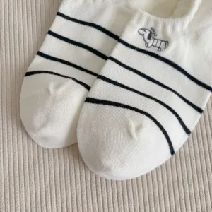 Cute women low-cut boat socks featuring black white stripes and puppy embroidery, cotton.