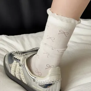 Women's Cute Bowknot Ruffle Cuff Mid Tube Socks Pure Cotton Breathable Sweet Ballet Style Stacked Socks Fashion Hosiery