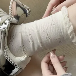 White bow socks women mid tube summer thin ballet style stack socks pure cotton breathable