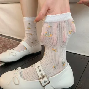 Calze a Metà Polpaccio a Rete Floreale Casual da Donna Dolci Volant Pizzo Carine Calze Slouch Cotone Traspiranti Primavera Estate