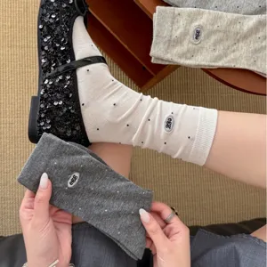 Cute polka dot mid-calf socks with egg embroidery, Japanese style cotton hosiery for women.