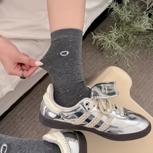 Grey polka dot mid-calf socks with cute egg embroidery, soft knitted daily casual hosiery.