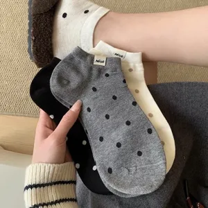 Women's cotton short socks with cute polka dots and nice fabric label design breathable.