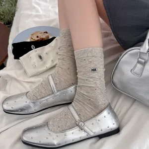 Korean style cute polka dot mid-calf socks with egg embroidery, detailed sock texture view.