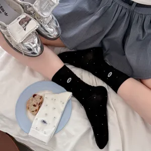 Cute polka dot mid-calf socks for women, soft cotton casual daily wear with cute embroidery.