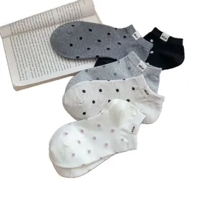 Women polka dot ankle socks with Nice label, breathable thin cotton cute student short socks.