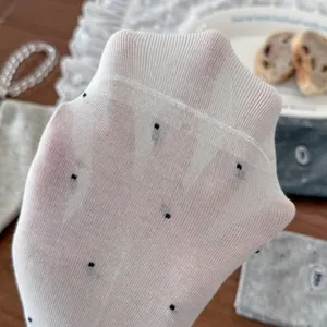Close-up of sheer white polka dot women socks showing breathable sheer fabric and elastic design.