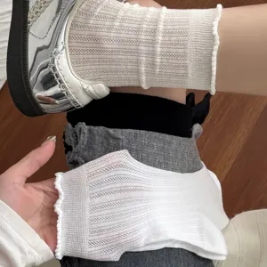 Chaussettes Mi-hautes pour Femmes Décontractées Couleur Unie Maille Ajourée Douce Dentelle Volantée Respirantes en Coton