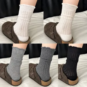 Chaussettes empilées minces printemps été femmes couleur unie maille creuse dentelle
