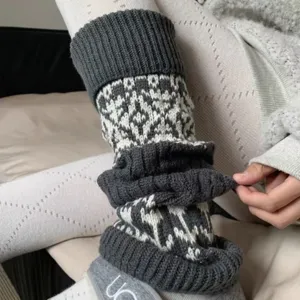 Donna Inverno Caldo Spesso Lana Fair Isle Scaldamuscoli Retro Motivo Diamante Slouchy Polsini per Stivali Calze di Maglia