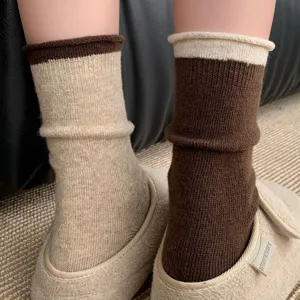 Women autumn winter thick warm wool long socks contrast color rolled cuff cozy casual hosiery