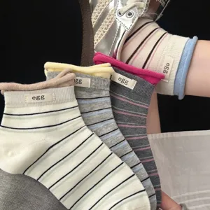 Korean style striped mid-calf socks with cute egg label, comfortable colorful cotton socks.