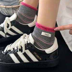 Women stripe mid-calf socks with cute letter label contrast color casual cotton knit socks main
