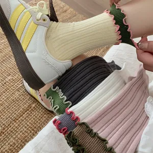 Contrast color ruffled socks sweet retro style double layer cotton mid-calf socks daily