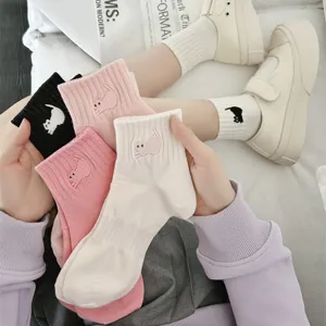 Cute cat embroidery short socks for women, soft cotton casual daily wear college style socks.