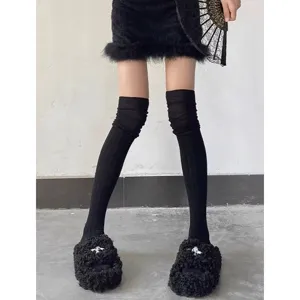 Detail shot of black over-the-knee socks and furry slippers, showcasing texture and stylish daily wear.