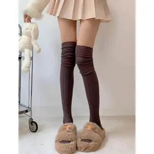 Dark grey ribbed over the knee slouch socks for women, cozy casual knit boot socks detail view.