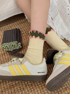 Vintage ruffle contrast mid-tube socks Japanese sweet style double-layer cuff cotton socks