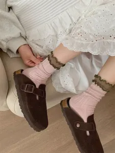 Women vintage cotton mid tube socks with contrast lettuce trim sweet ruffle cute cozy style