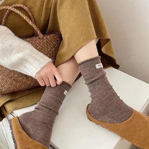 Japanese style rolled cuff fleece winter socks, cozy solid color mid-calf casual knit hosiery.