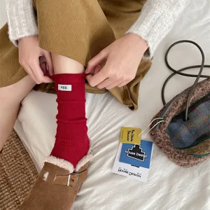 Japanese solid color wool blend slouch socks with cute egg label, soft winter ribbed long socks.