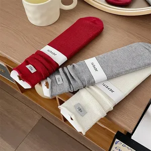 Japanese style rolled edge slouch socks for women, solid color wool long tube warm casual socks.