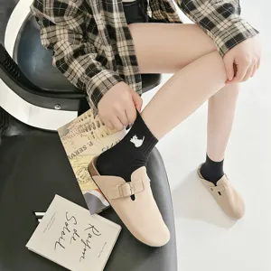 Cute cat embroidered cotton short socks paired with casual clogs for college style daily wear detail