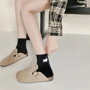 Cute cat embroidered short socks detail view, cotton women socks, casual daily wear.