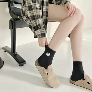 Black cotton ankle socks with cute cat embroidery, casual college style women short socks.