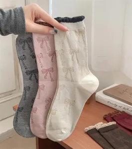 Korean style cute bow mid-calf socks with contrast color ribbed cuffs for women daily wear