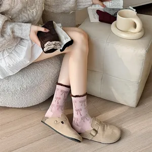 Korean style ins bow pattern mid-tube socks women contrast rib bubble edge slouchy cozy socks