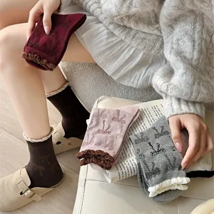 Korean ins style all-over bow mid-calf socks with contrast color ribbed bubble cuffs.
