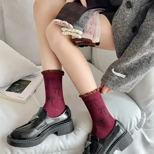 Korean style cute bow pattern mid-calf socks with contrast ruffles for women fall daily wear