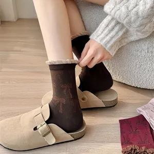 Korean style all-over bow mid-calf socks with contrast color ribbed bubble edge for women detail