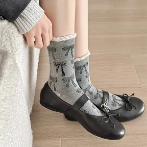 Women Casual Bow Mid Tube Socks Korean Style Contrast Color Bubble Cuff Cotton Jacquard Crew Socks