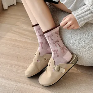 Korean style cute bow pattern mid-calf socks for women with contrast ribbed cuffs cozy wear