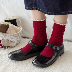 Women Retro Sweet Slouch Socks With Lace Trim Solid Color Mid Tube Cotton Socks Casual Daily Fashion Hosiery