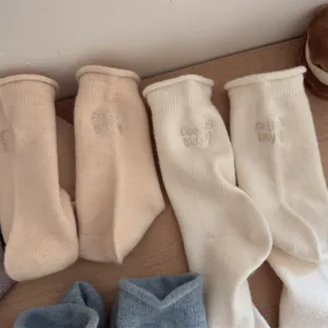 Winter thick rolled-edge wool socks for women, cute letter embroidered mid-tube cozy knit socks.
