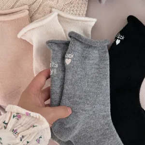 Women's autumn winter wool blend rolled cuff mid tube socks with cute letter embroidery.