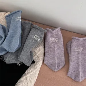 Comfortable women thick wool blend rolled edge slouch mid tube socks with embroidery