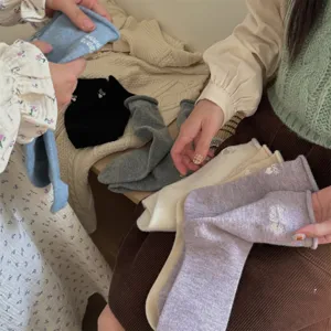 Autumn winter roll edge wool socks warm thick knitted middle tube socks cute letter embroidery