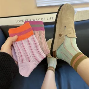 Women's Korean Style Cotton Mid-Calf Socks Summer Thin Mesh Breathable Colorblock Striped Casual Daily Socks