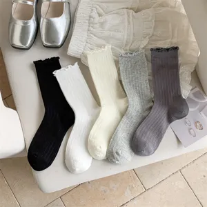Ballet style women mid tube socks lace cotton summer thin mesh stockings detail view.